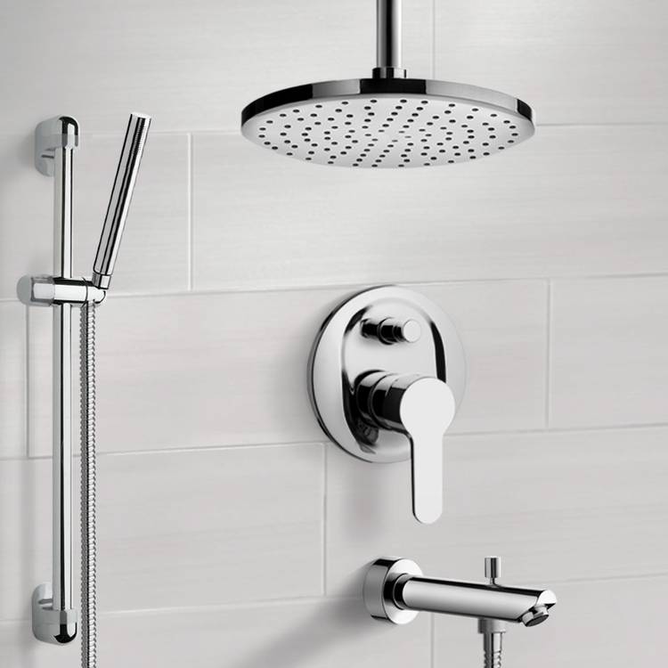 Chrome Tub and Shower System with 8" Rain Ceiling Shower Head and Hand Shower