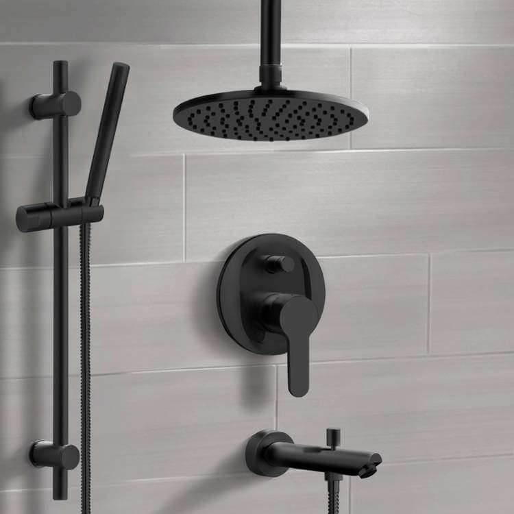 Matte Black Tub and Shower System with 8" Rain Ceiling Shower Head and Hand Shower