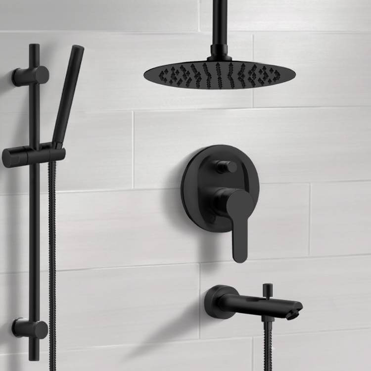 Matte Black Tub and Shower Faucet Set with 10" Ceiling Rain Shower Head and Hand Shower