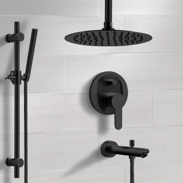 Matte Black Tub and Shower Faucet Set with 12" Ceiling Rain Shower Head and Hand Shower