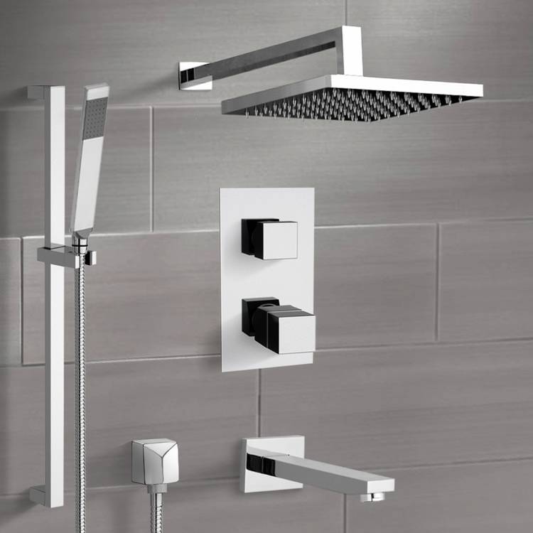 Chrome Thermostatic Tub and Shower System with 12" Rain Shower Head and Hand Shower