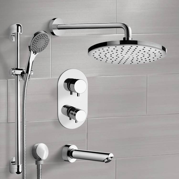 Chrome Thermostatic Tub and Shower Set with 12" Rain Shower Head and Hand Shower