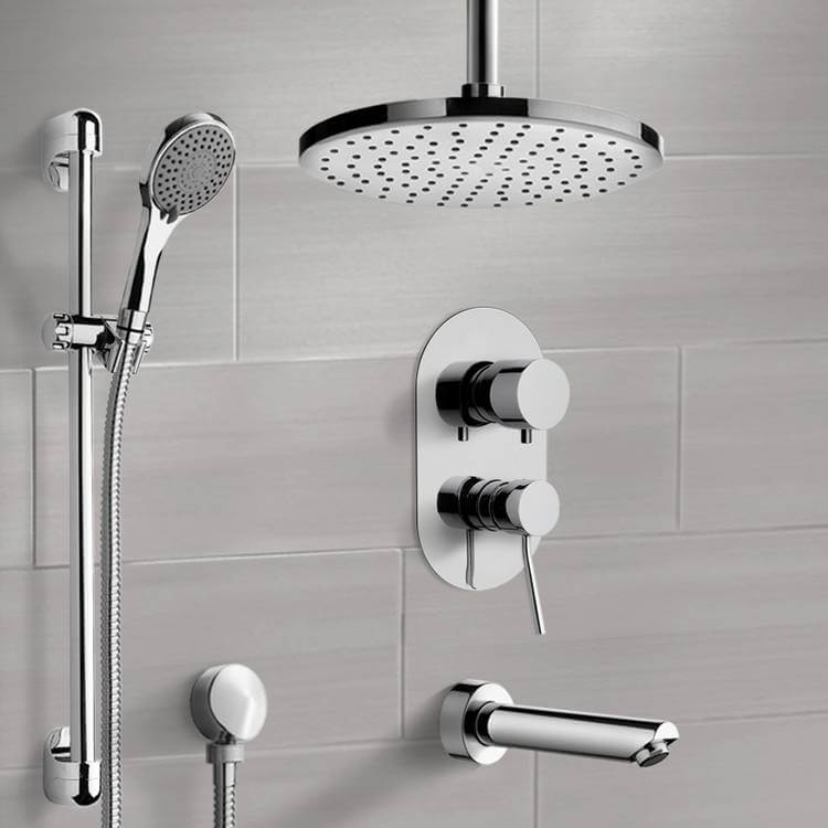 Chrome Tub and Shower System with 12" Ceiling Rain Shower Head and Hand Shower