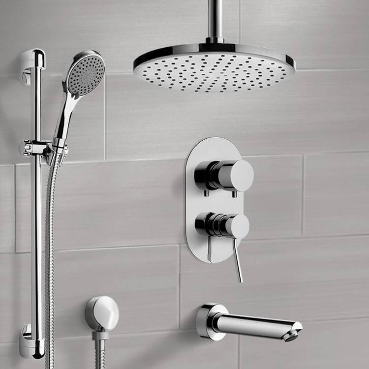 Chrome Tub and Shower System with 10" Ceiling Rain Shower Head and Hand Shower
