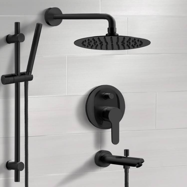 Matte Black Tub and Shower Faucet Set with Rain Shower Head and Hand Shower