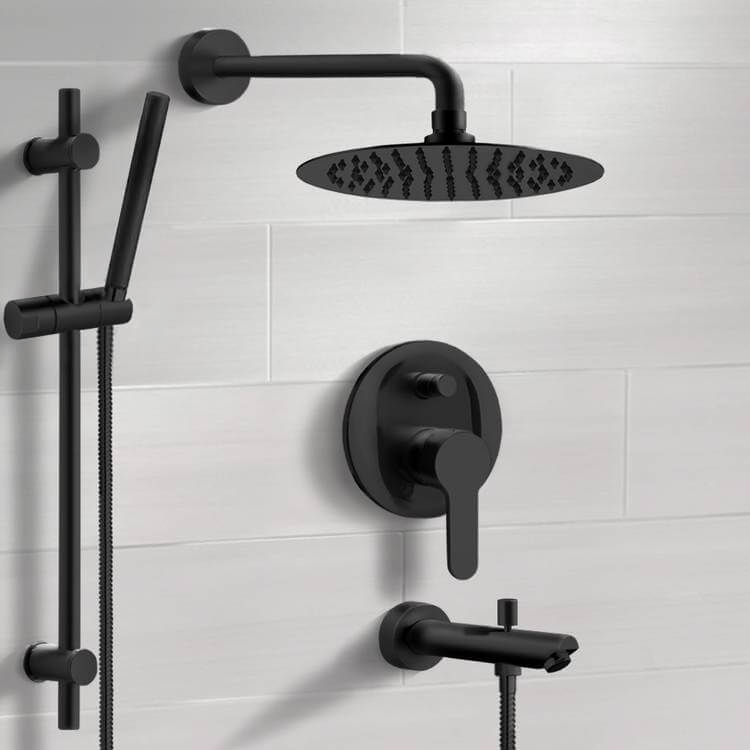Matte Black Tub and Shower Faucet Set with 10" Rain Shower Head and Hand Shower