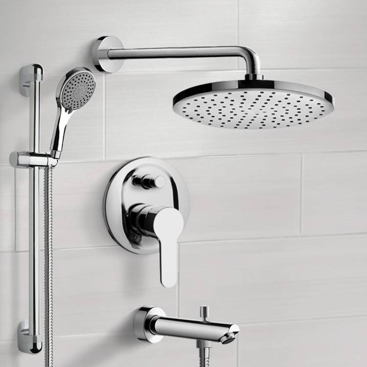 Chrome Tub and Shower Faucet Set With 12" Rain Shower Head and Hand Shower