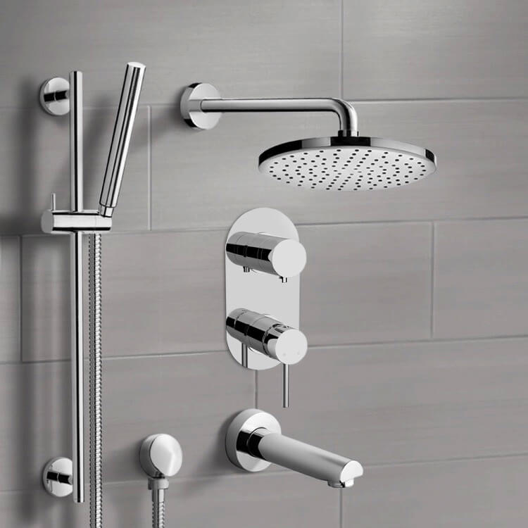 Chrome Tub and Shower Set With 12" Rain Shower Head and Hand Shower