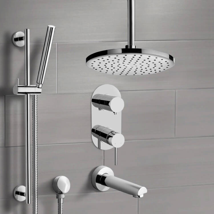 Chrome Tub and Shower Set With 10" Rain Ceiling Shower Head and Hand Shower