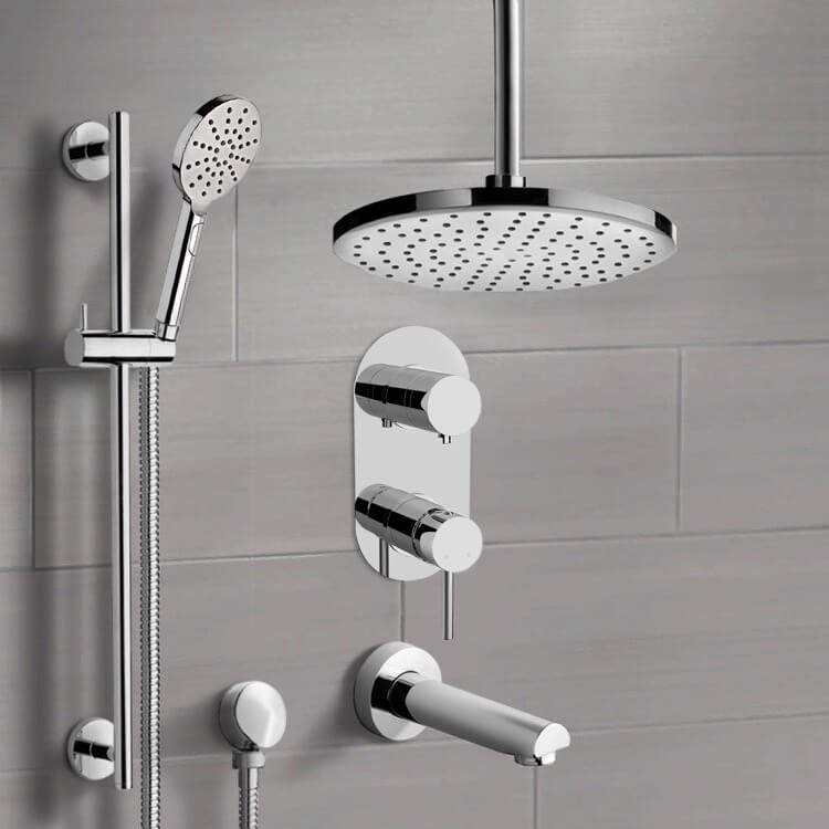 Chrome Tub and Shower Set With 12" Rain Ceiling Shower Head and Hand Shower