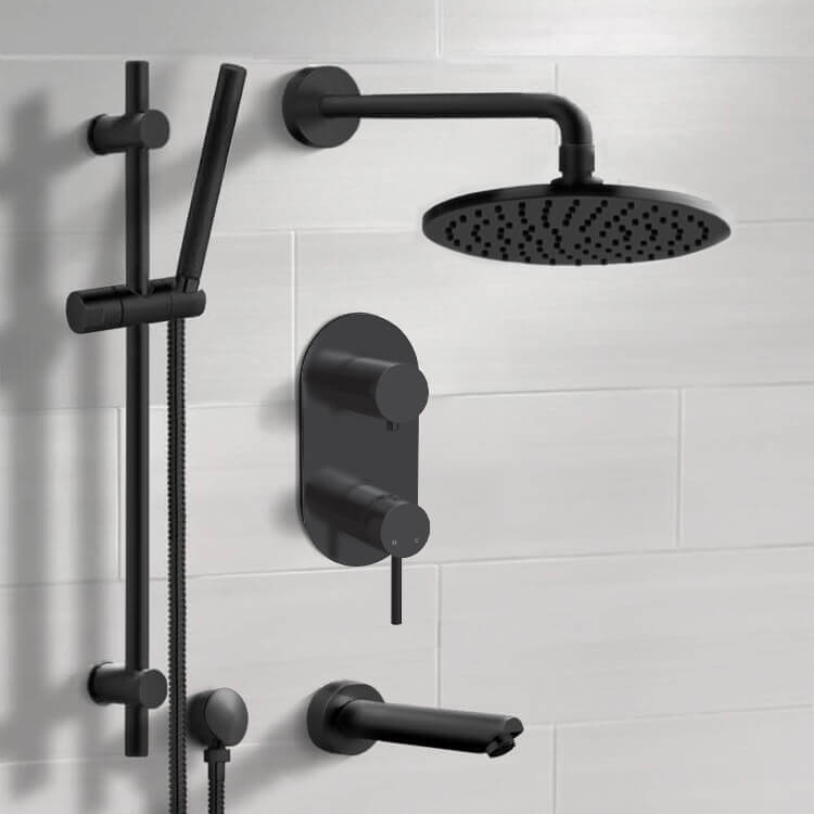 Matte Black Tub and Shower Set With 8" Rain Shower Head and Hand Shower