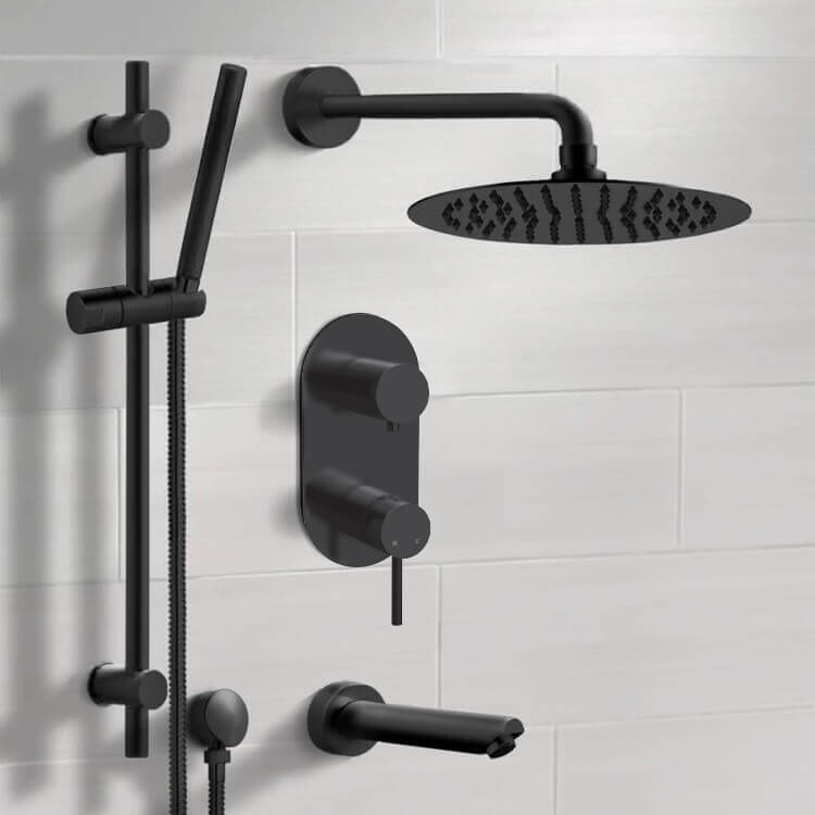 Matte Black Tub and Shower Set With 12" Rain Shower Head and Hand Shower
