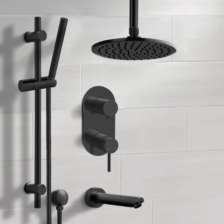 Matte Black Tub and Shower Set With 8" Rain Ceiling Shower Head and Hand Shower