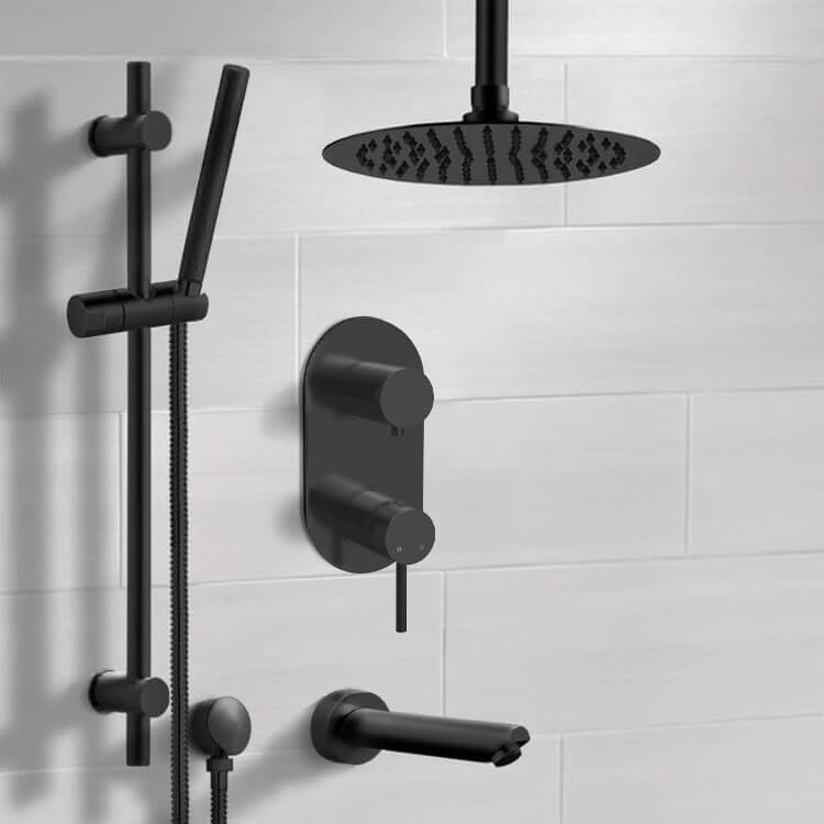 Matte Black Tub and Shower Set With Rain Ceiling Shower Head and Hand Shower