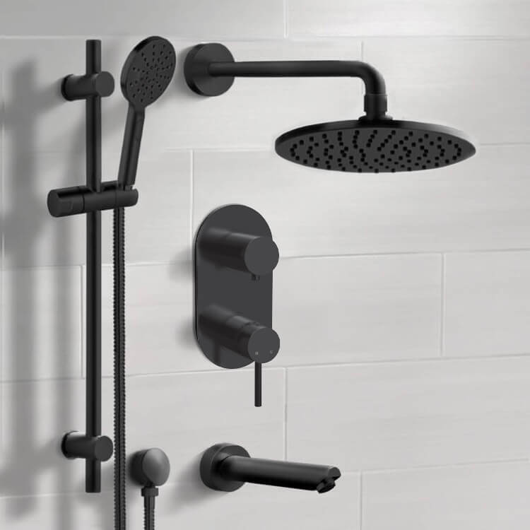 Matte Black Tub and Shower Set With 8" Rain Shower Head and Hand Shower