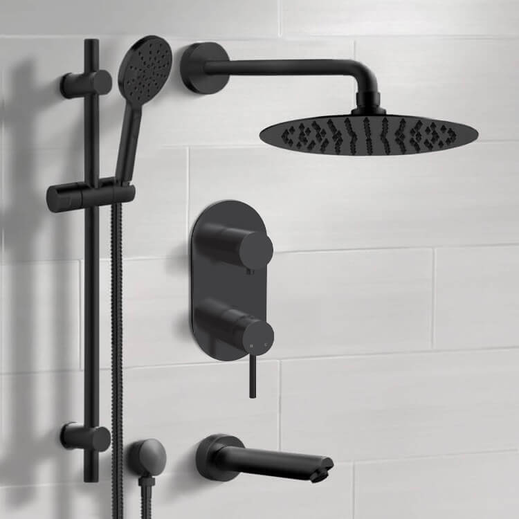 Matte Black Tub and Shower Set With 12" Rain Shower Head and Hand Shower
