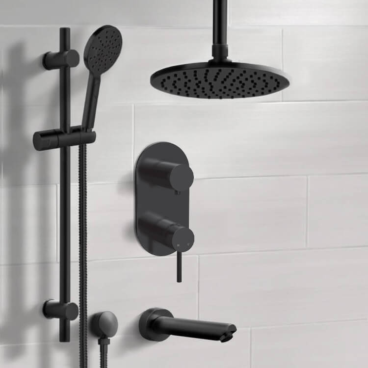 Matte Black Tub and Shower Set With 8" Rain Ceiling Shower Head and Hand Shower