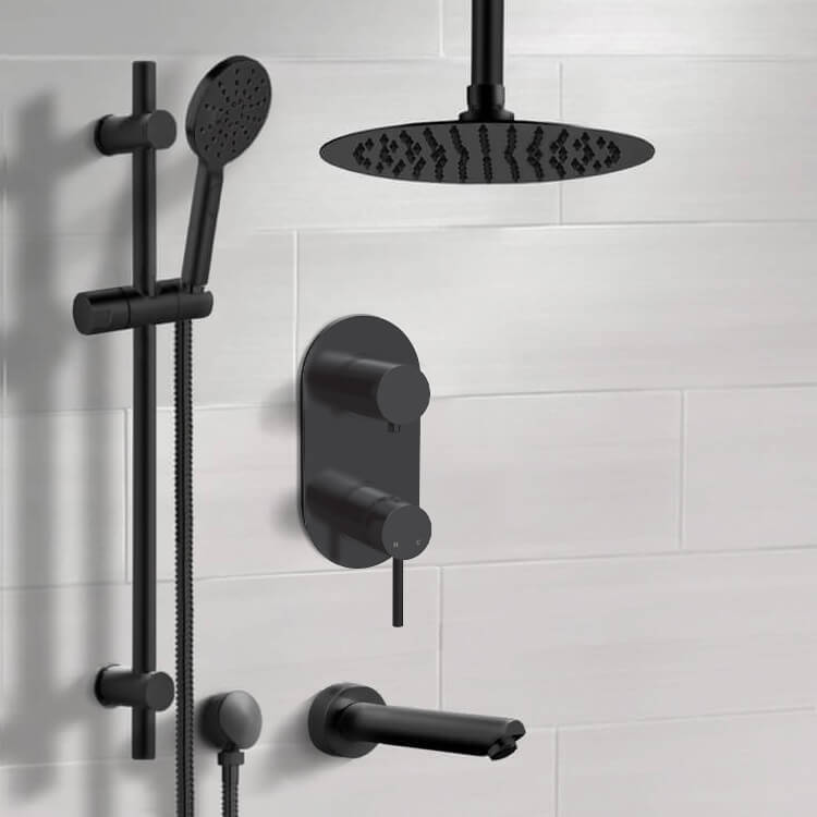 Matte Black Tub and Shower Set With Rain Ceiling Shower Head and Hand Shower