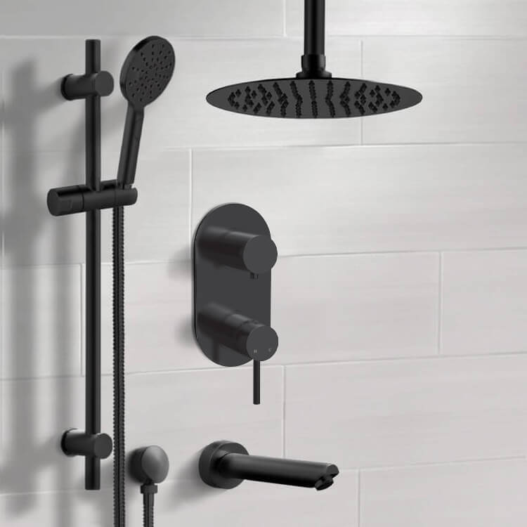 Matte Black Tub and Shower Set With 12" Rain Ceiling Shower Head and Hand Shower