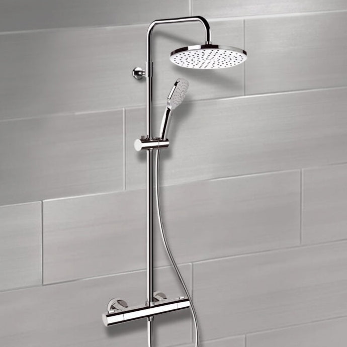 Chrome Thermostatic Exposed Pipe Shower System with 10" Rain Shower Head and Hand Shower