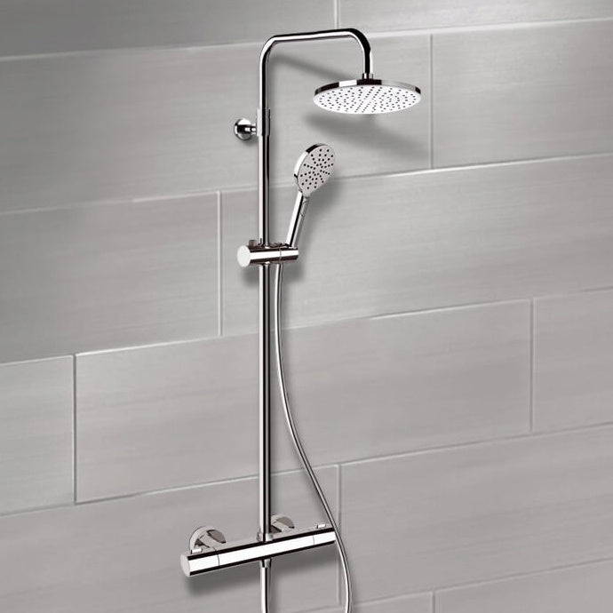 Chrome Thermostatic Exposed Pipe Shower System with 8" Rain Shower Head and Hand Shower
