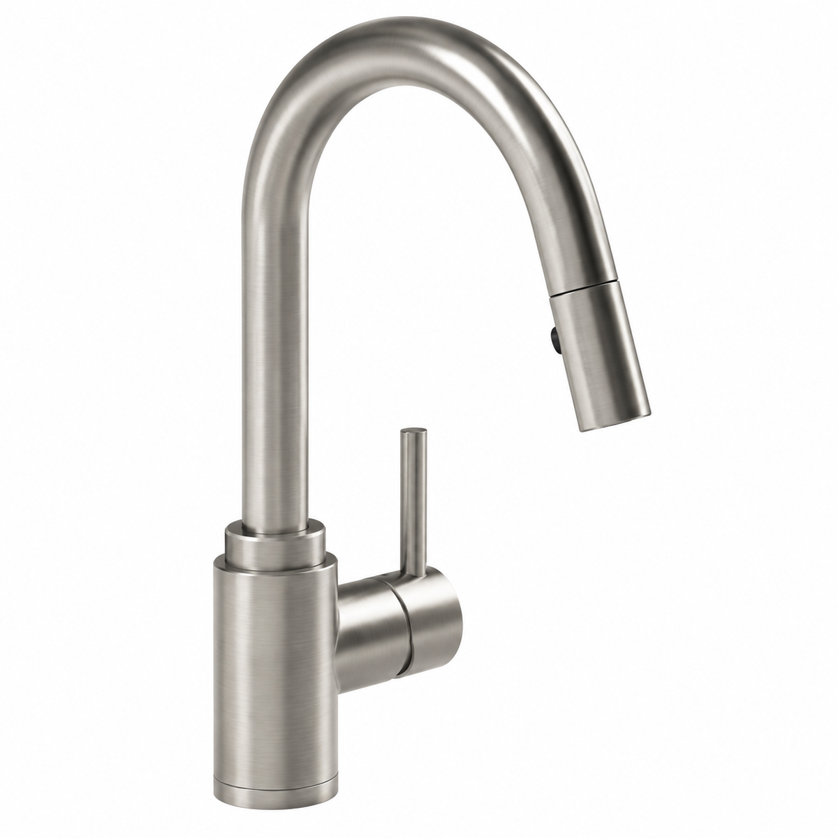 A modern pull-down kitchen faucet in brushed nickel, featuring a high-arc spout and a single lever handle, shown against a plain white background.