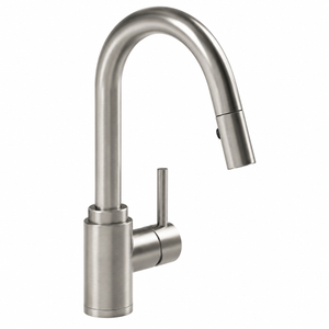 A modern pull-down kitchen faucet in brushed nickel, featuring a high-arc spout and a single lever handle, shown against a plain white background.