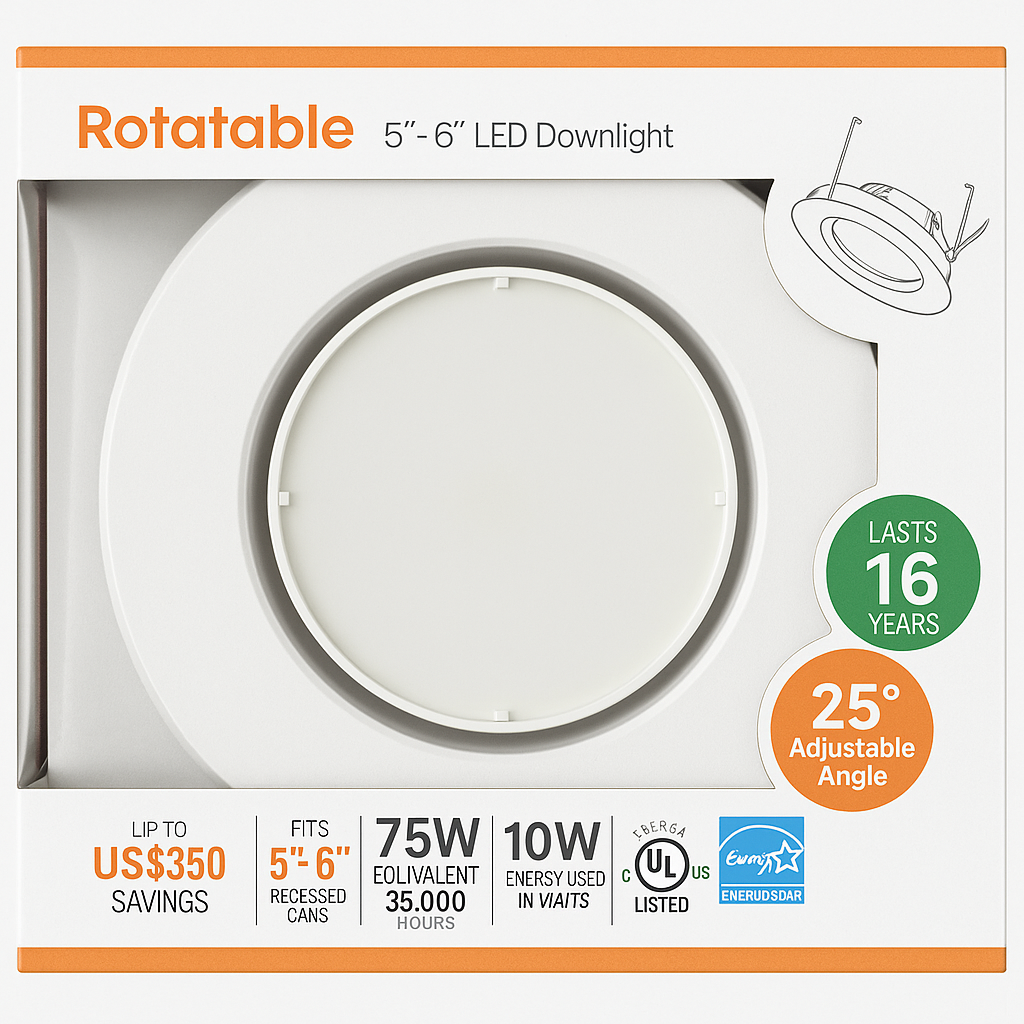 Rotatable 5"-6" LED Downlight packaging with features highlighted