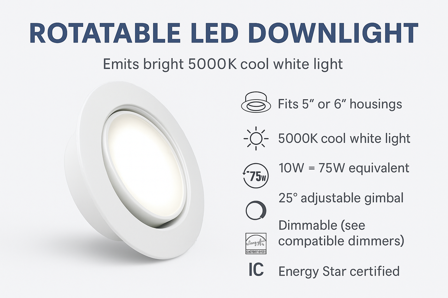 Rotatable LED downlight with features listed on a white background