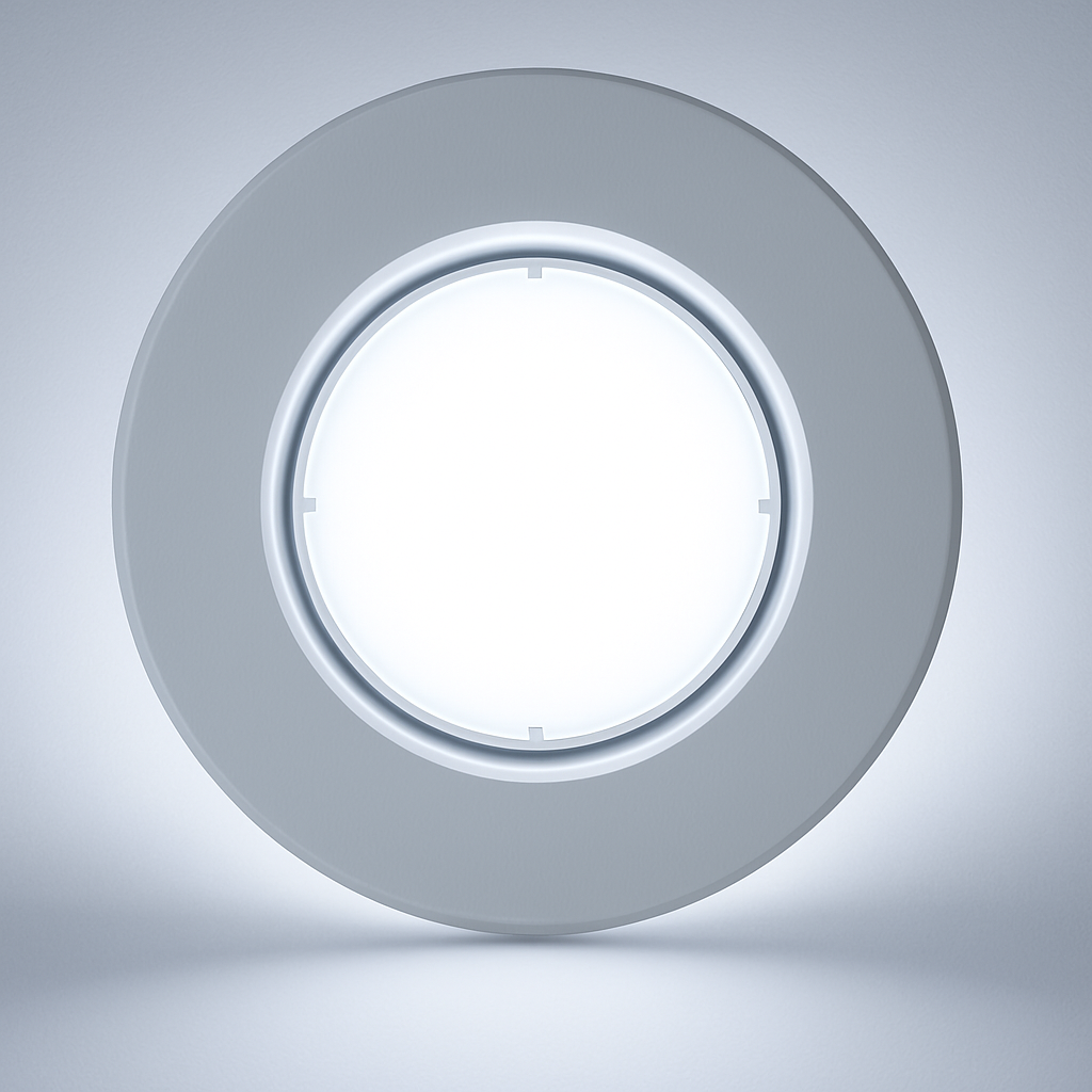 Round white light fixture on a gray background