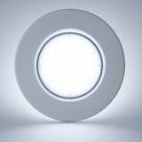 Round white light fixture on a gray background