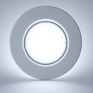 Round white light fixture on a gray background
