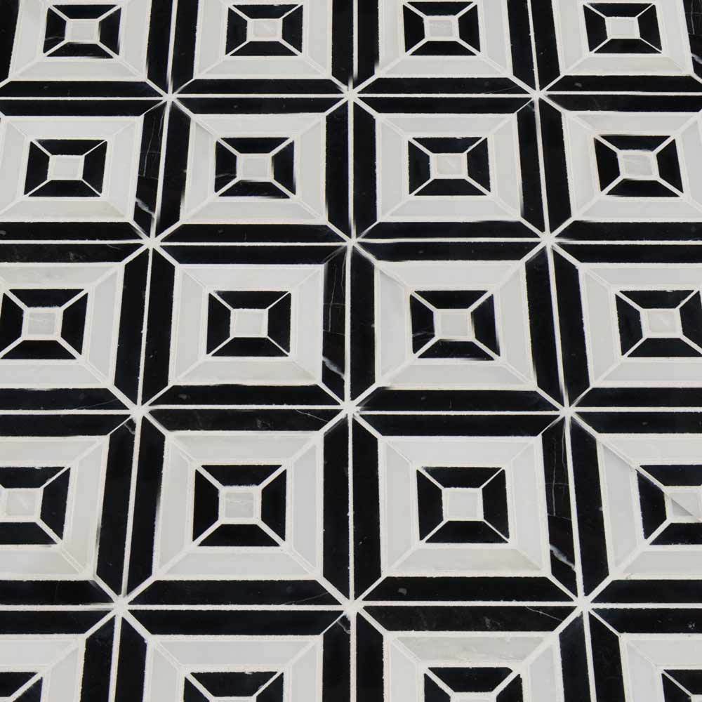 Royal link 11.81X13.4 polished marble mesh mounted mosaic tile SMOT-RHOMBIX-NEROP product shot multiple tiles angle view