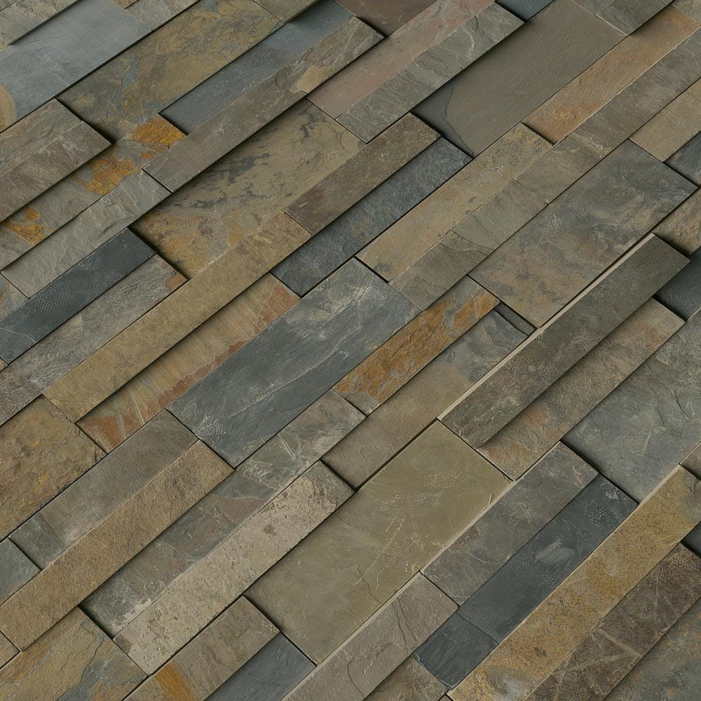 Rustic gold splitface ledger panel 6X24 natural slate wall tile LPNLSRUSGLD624 product shot multiple tiles angle view