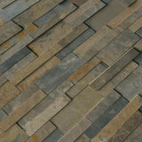 Rustic gold splitface ledger panel 6X24 natural slate wall tile LPNLSRUSGLD624 product shot multiple tiles angle view