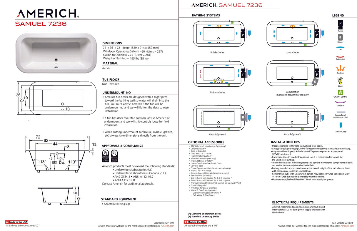 Americh SM7236TA5-BI Samuel 7236 - Tub Only / Airbath 5 - Biscuit