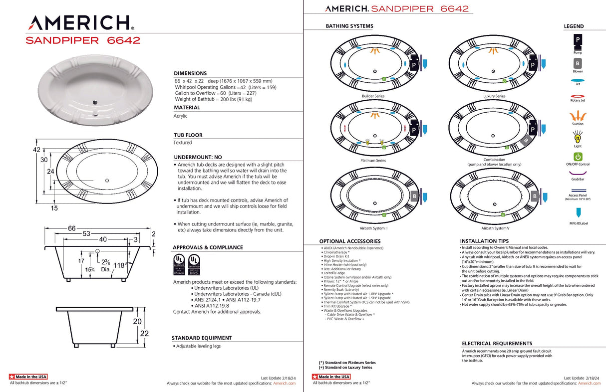 Americh SP6642TA5-BI Sandpiper 6642 - Tub Only / Airbath 5 - Biscuit