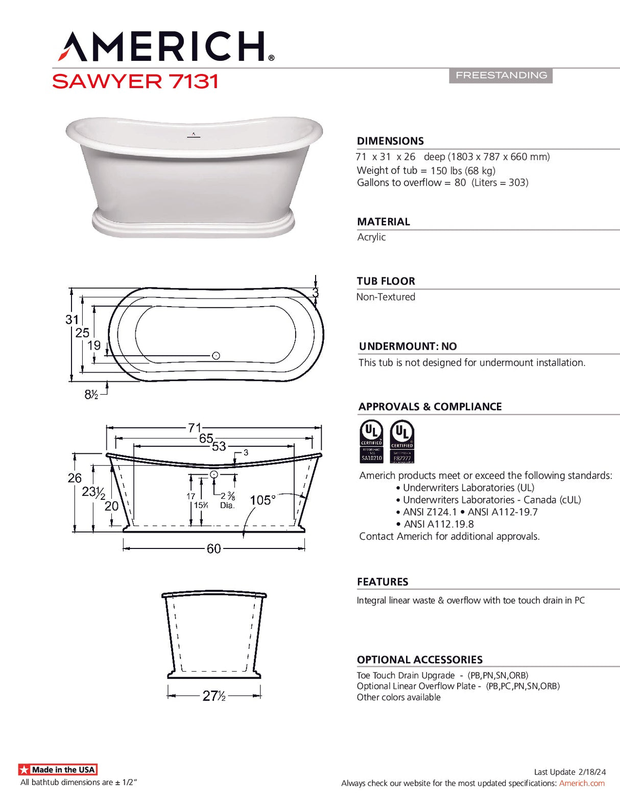 Americh SW7131T-SNI Sawyer 7131 - Tub Only - Smooth Nickel