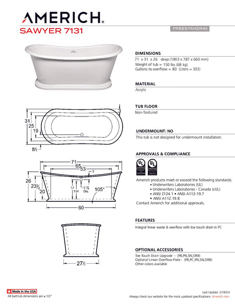 Americh SW7131T-SNI Sawyer 7131 - Tub Only - Smooth Nickel