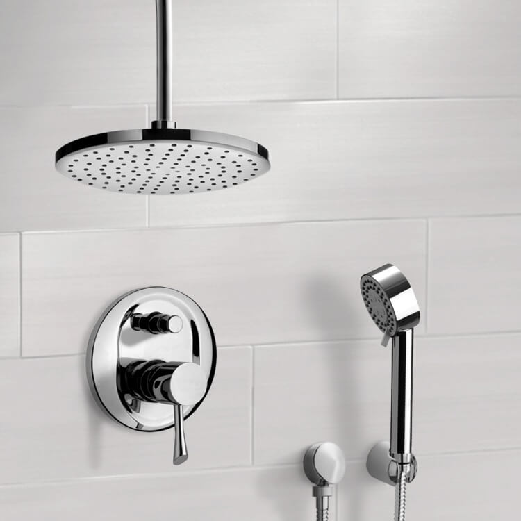 Chrome Shower System with 8" Rain Ceiling Shower Head and Hand Shower