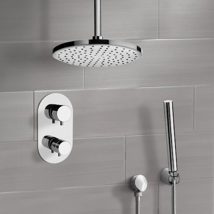 Chrome Thermostatic Shower System with 8" Rain Ceiling Shower Head and Hand Shower
