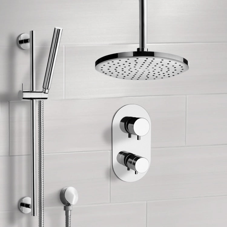 Chrome Thermostatic Shower System with 8" Rain Ceiling Shower Head and Hand Shower