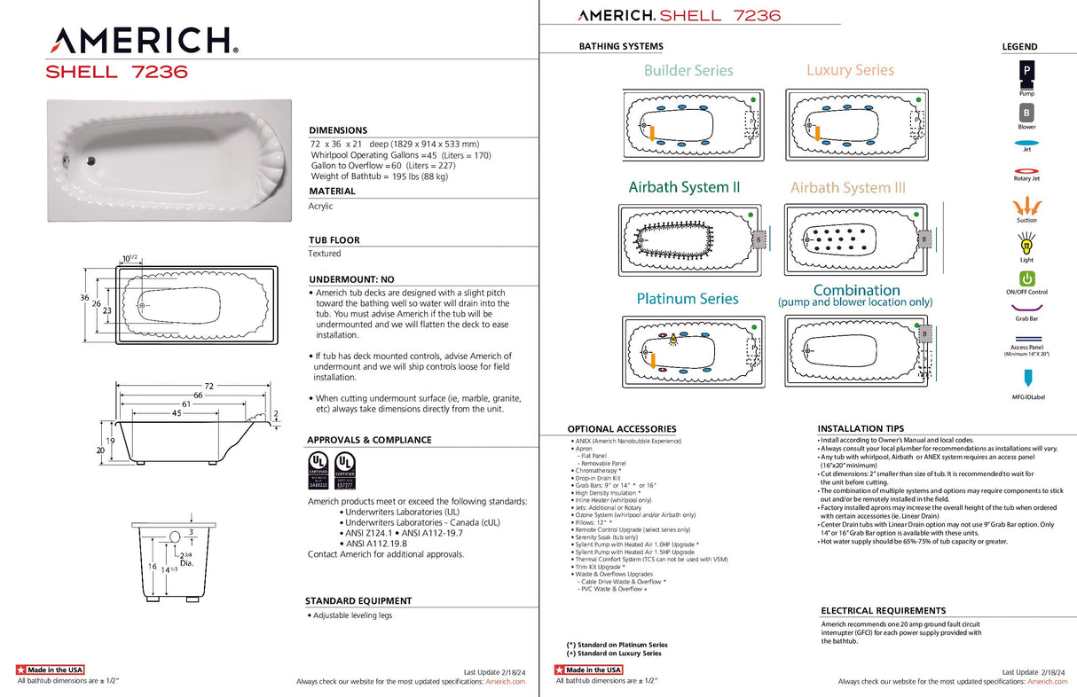 Americh SH7236TA2-WH Shell 7236 - Tub Only / Airbath 2 - White