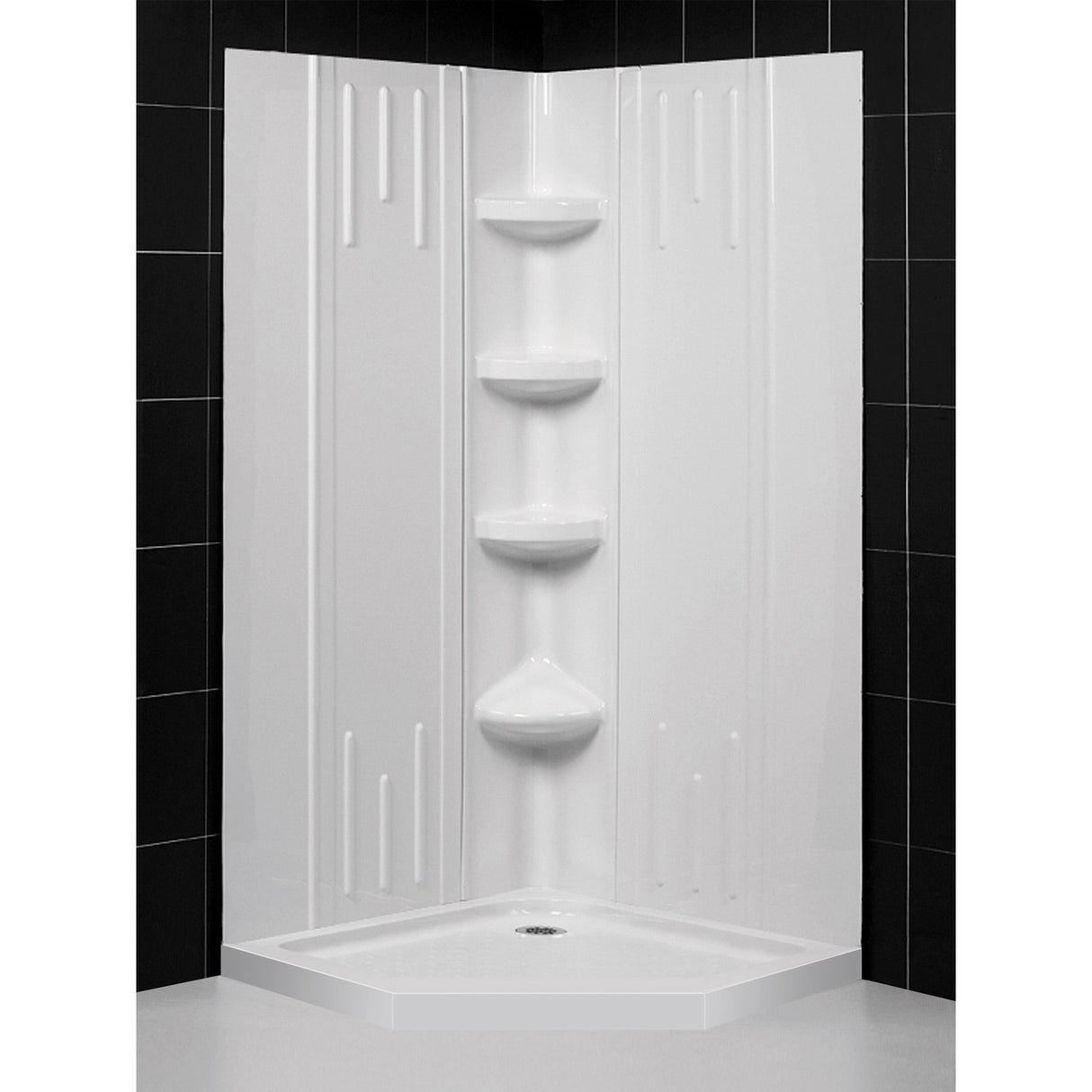 DreamLine 42 in. x 42 in. x 75 5/8 in. H Neo-Angle Shower Base and QWALL-2 Acrylic Corner Wall Kit in White