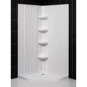 DreamLine 40 in. x 40 in. x 75 5/8 in. H Neo-Angle Shower Base and QWALL-2 Acrylic Corner Wall Kit in White