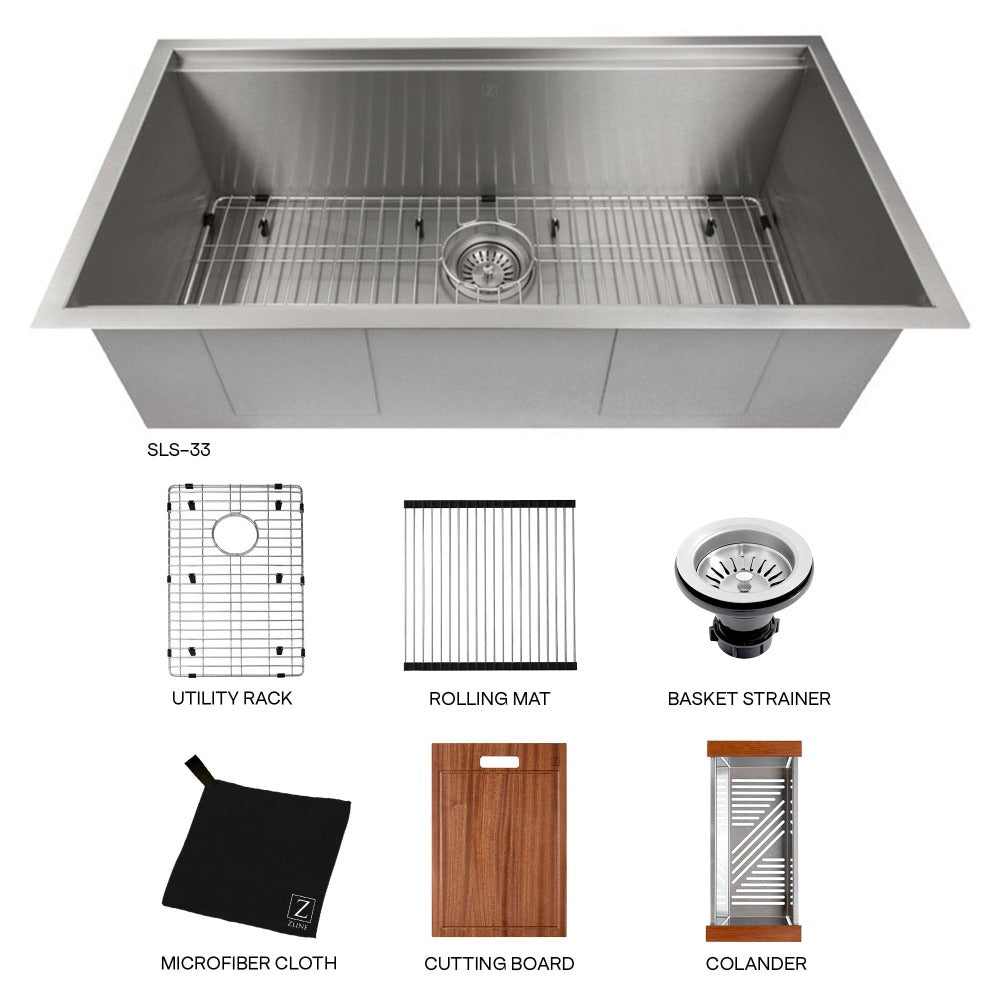 ZLINE Garmisch 33 in. Undermount Single Bowl Stainless Steel Kitchen Sink with Bottom Grid and Accessories (SLS-33)