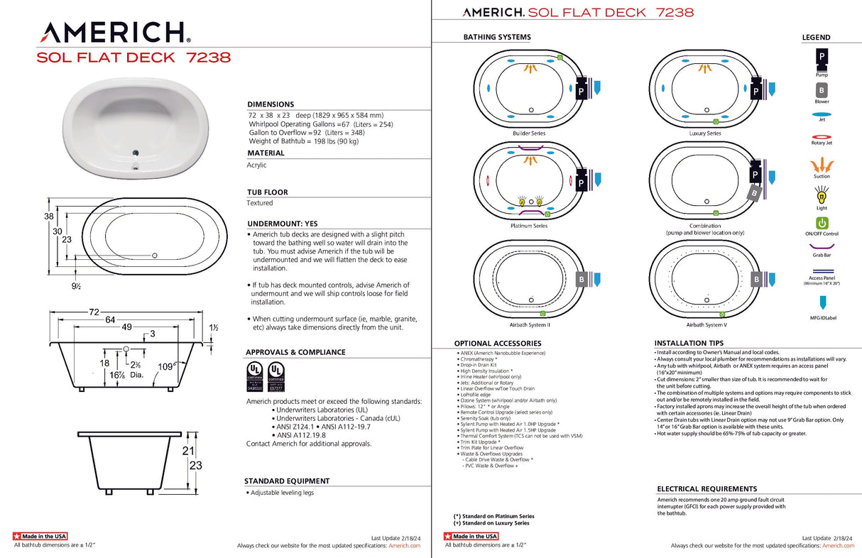 Americh SF7238TA5-BI Sol Flat Deck 7238 - Tub Only / Airbath 5 - Biscuit