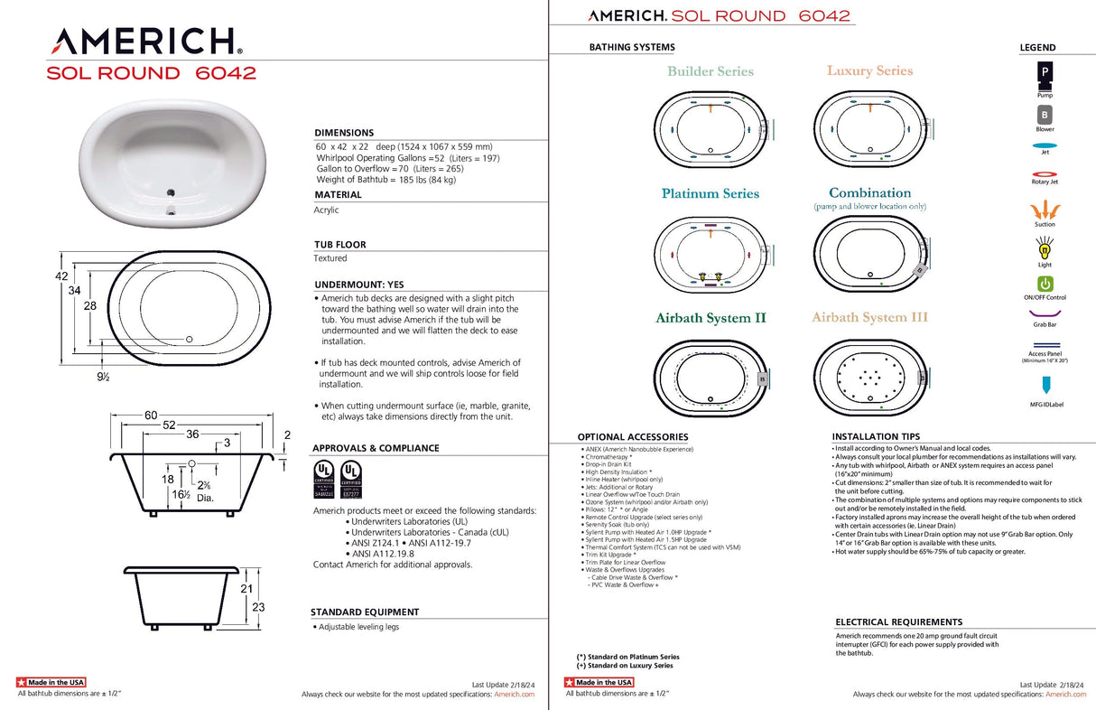 Americh SR6042TA2-WH Sol Round 6042 - Tub Only / Airbath 2 - White
