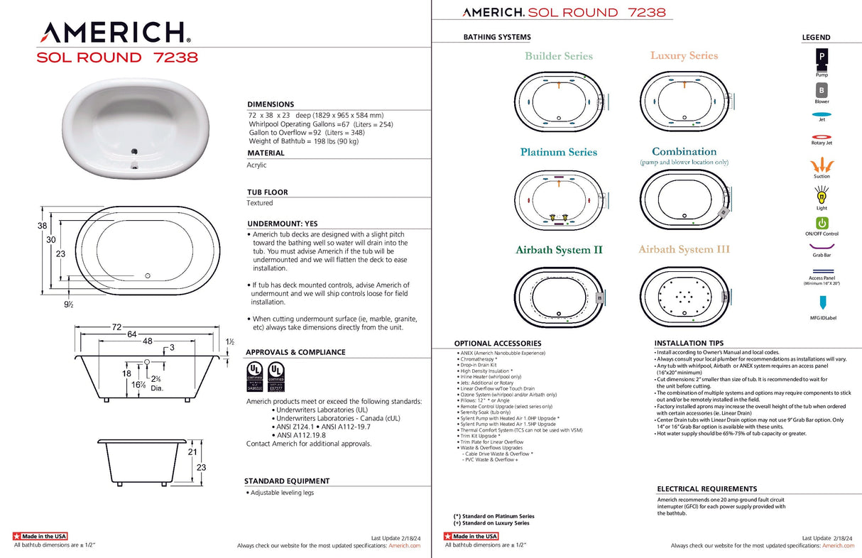 Americh SR7238TA2-WH Sol Round 7238 - Tub Only / Airbath 2 - White