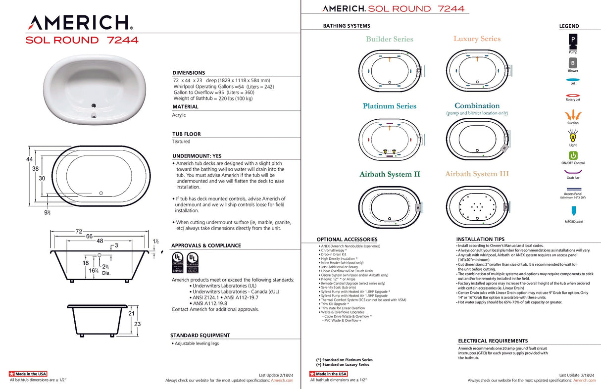 Americh SR7244TA2-WH Sol Round 7244 - Tub Only / Airbath 2 - White
